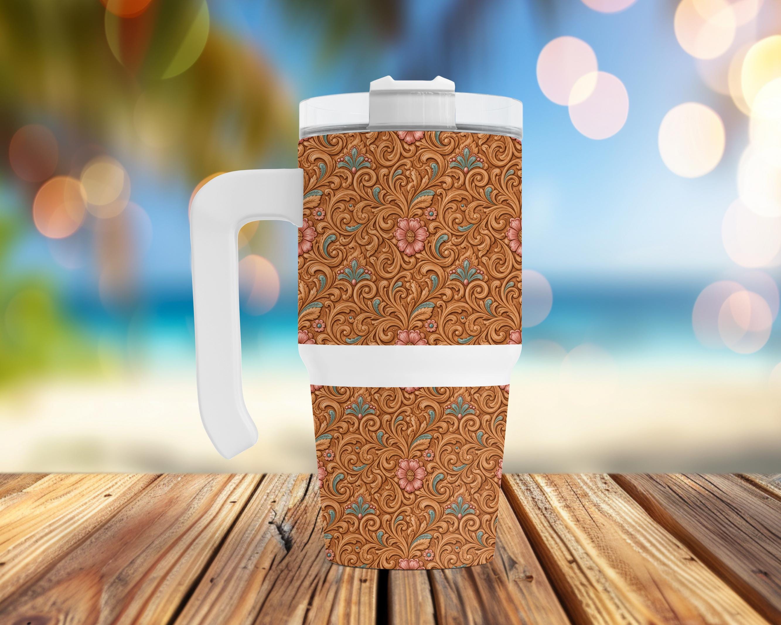 Tooled Leather Floral 20 oz Grip Handle Tumbler | Western Travel Mug | Cowgirl Coffee Cup | Rustic Insulated Handle Tumbler | Country Gift