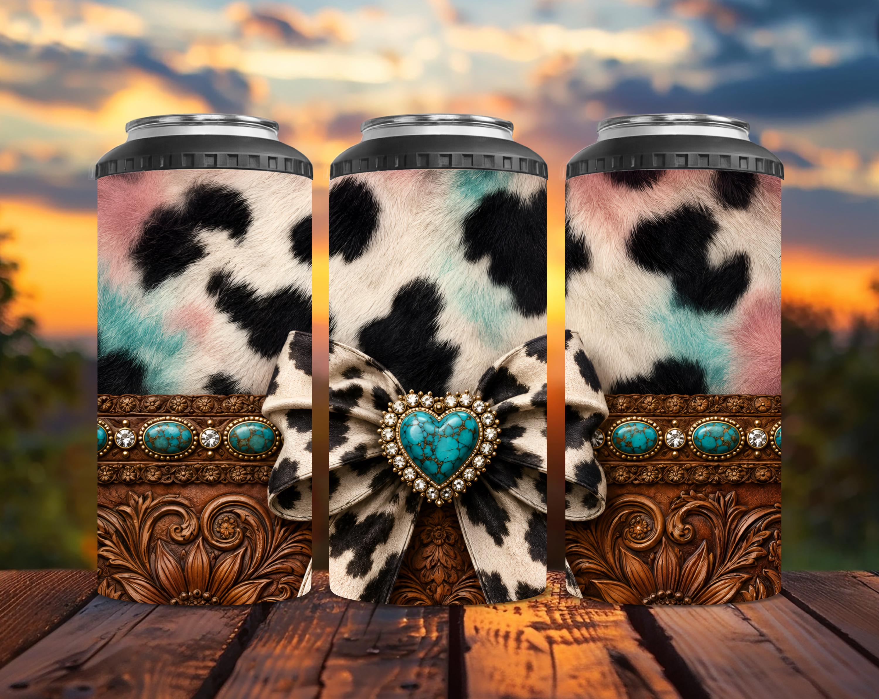 Cow Print 4-in-1 Can Cooler | Turquoise Western Can Holder | Tooled Leather Drink Cooler | Cowgirl Beer Sleeve | Rustic Country Gift