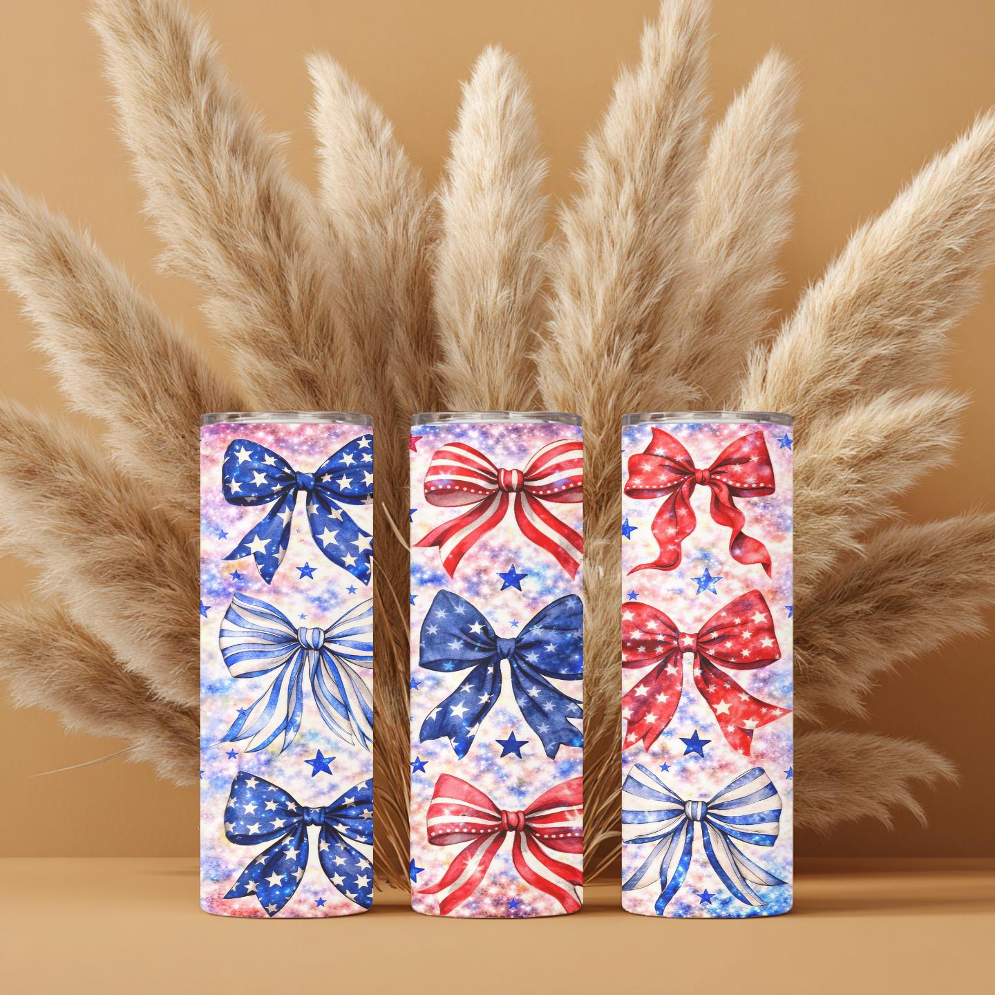 Patriotic Bows Skinny Tumbler – 20 oz Stainless Steel Tumbler with Straw 🎀🇺🇸✨