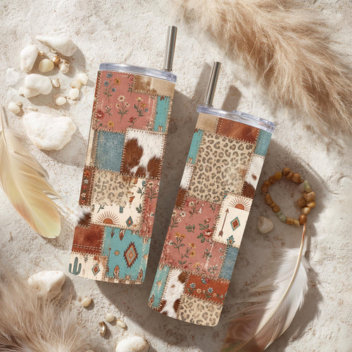 Boho Patchwork 20 oz Skinny Tumbler | Western Cowhide & Leopard Print Tumbler | Rustic Southwest Travel Cup | Country Girl Gift