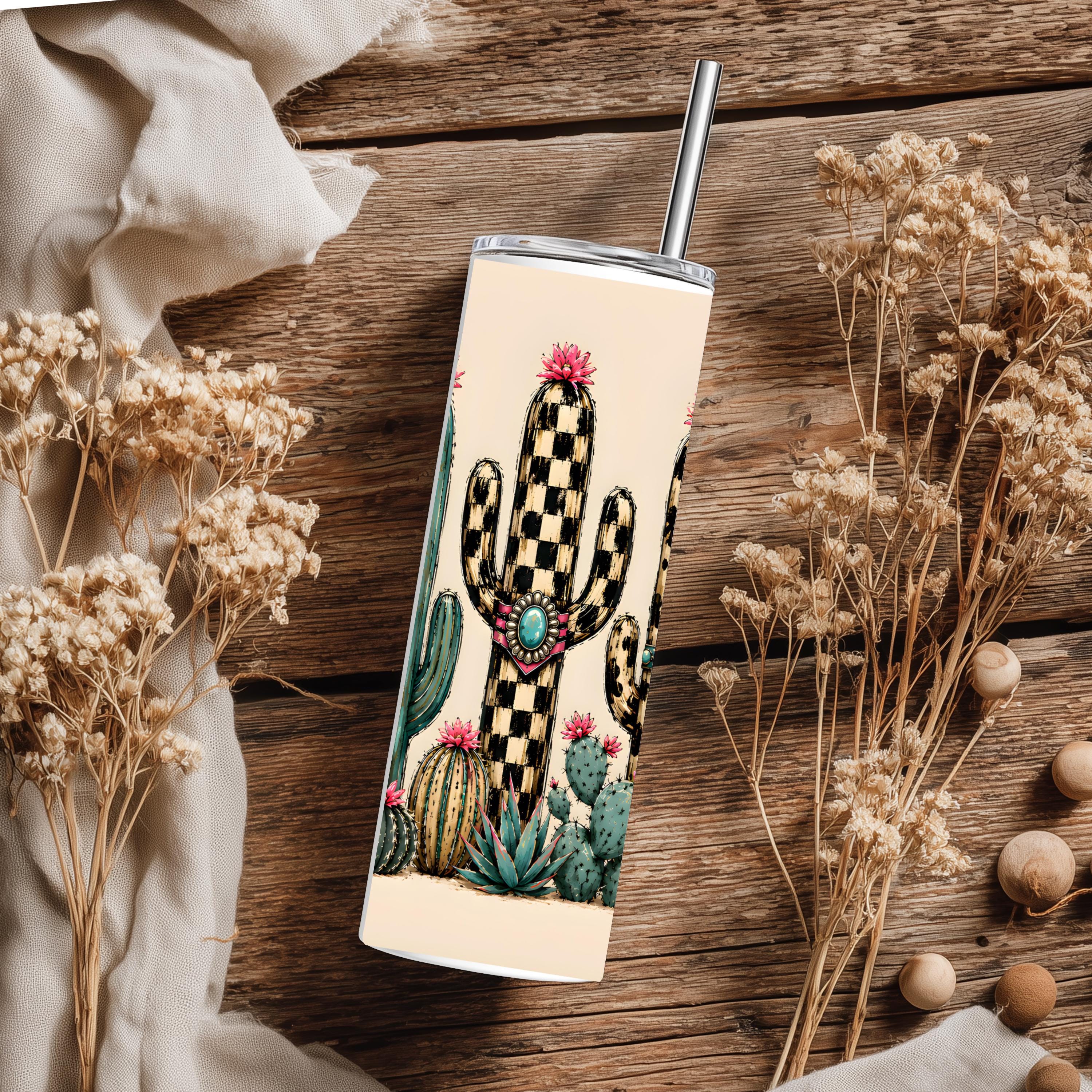 Western Cactus 20 oz Skinny Tumbler | Boho Desert Tumbler | Leopard & Checkered Cactus Cup | Southwest Travel Mug | Cowgirl Gift