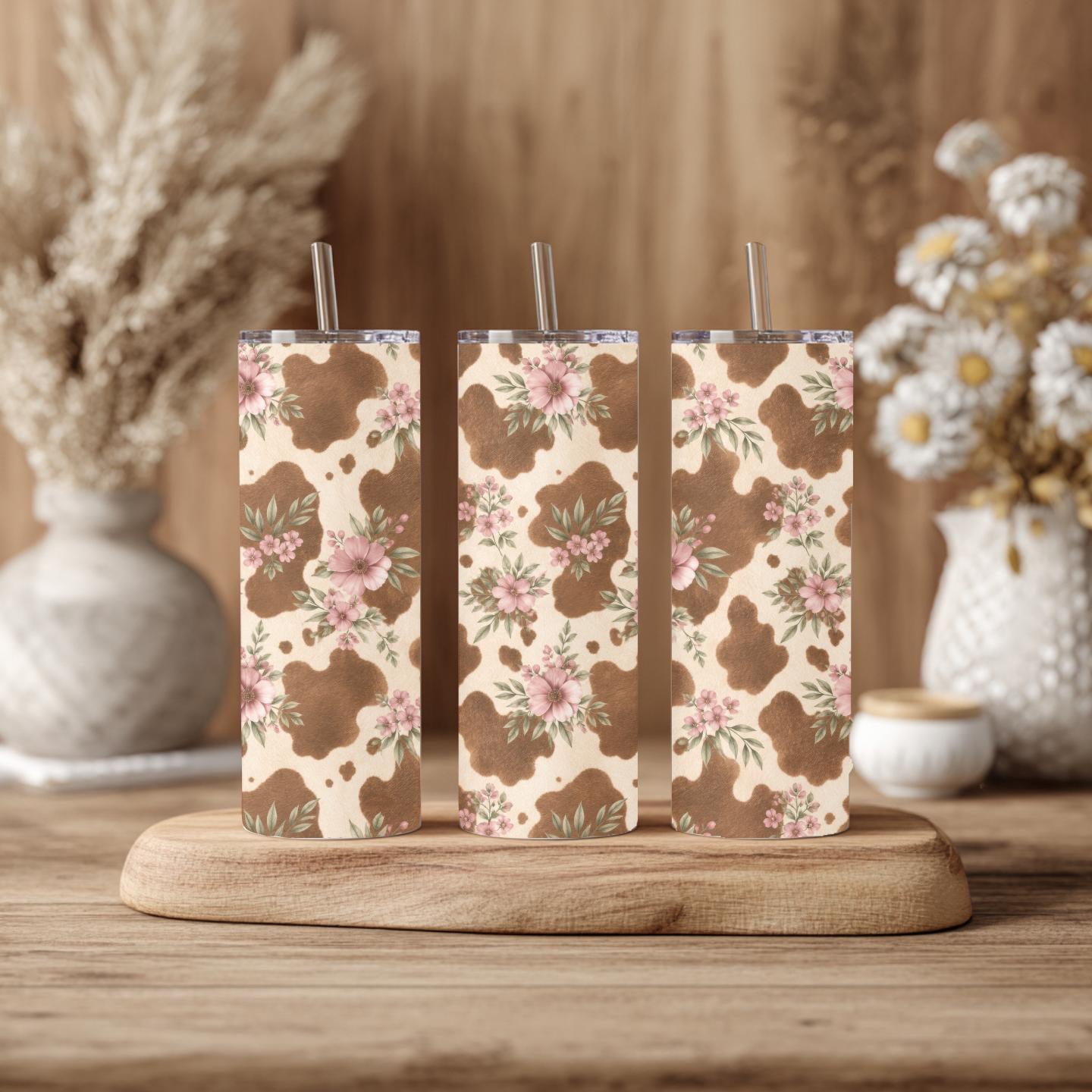 Floral Cow Print 20 oz Skinny Tumbler