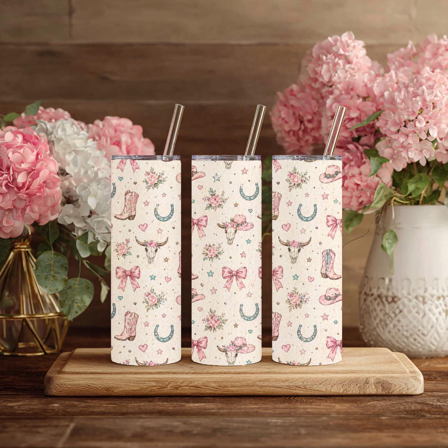 Pink Western Coquette Tumbler | 20 oz Cowgirl Bow Tumbler | Pink Cowboy Boot Cup | Floral Western Coffee Tumbler | Girly Country Gift