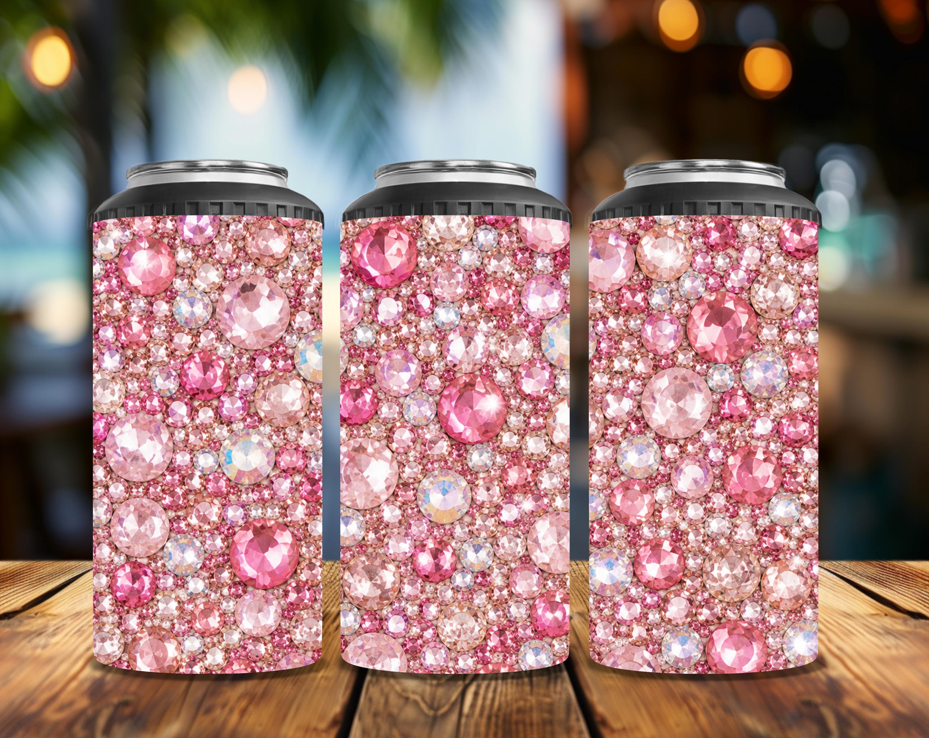Pink Rhinestone Can Cooler | 4-in-1 Skinny Can Cooler | Bling Drink Holder | Faux Glitter Tumbler | Sparkly Beverage Insulator | Pink Glam