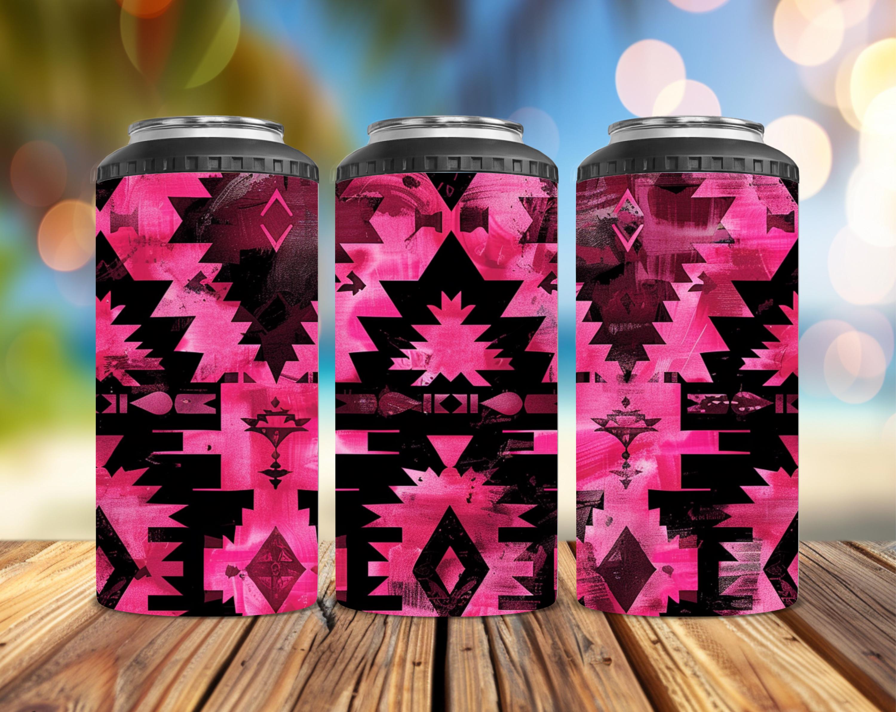 Fuchsia & Black Aztec 4-in-1 Can Cooler | Converts to a 14 oz Tumbler | Western Southwestern Drink Insulator | Handmade Gift