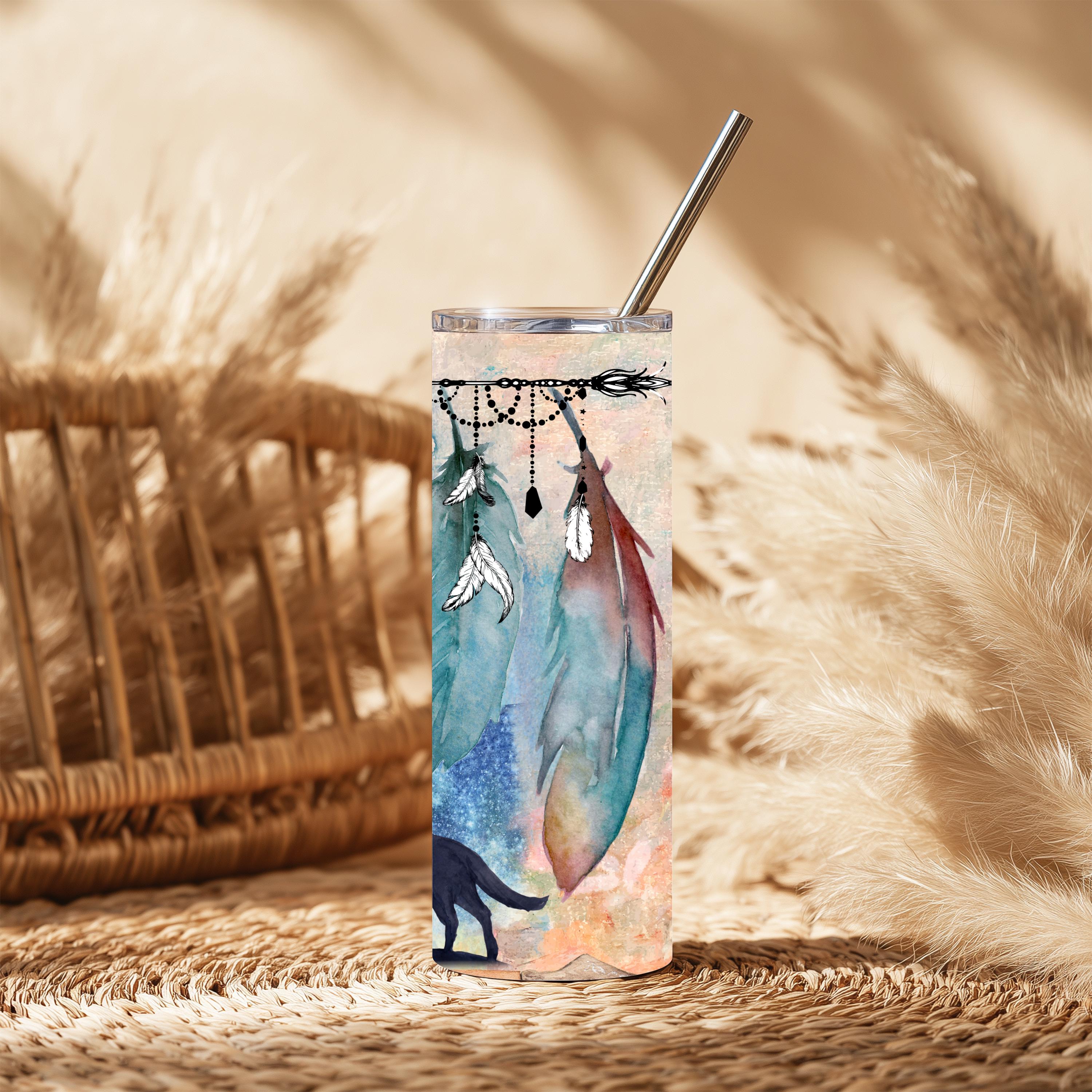 Boho Feather 20 oz Skinny Tumbler | Dreamcatcher-Inspired Feather Tumbler | Native-Inspired Watercolor Design | Stainless Steel Travel Cup