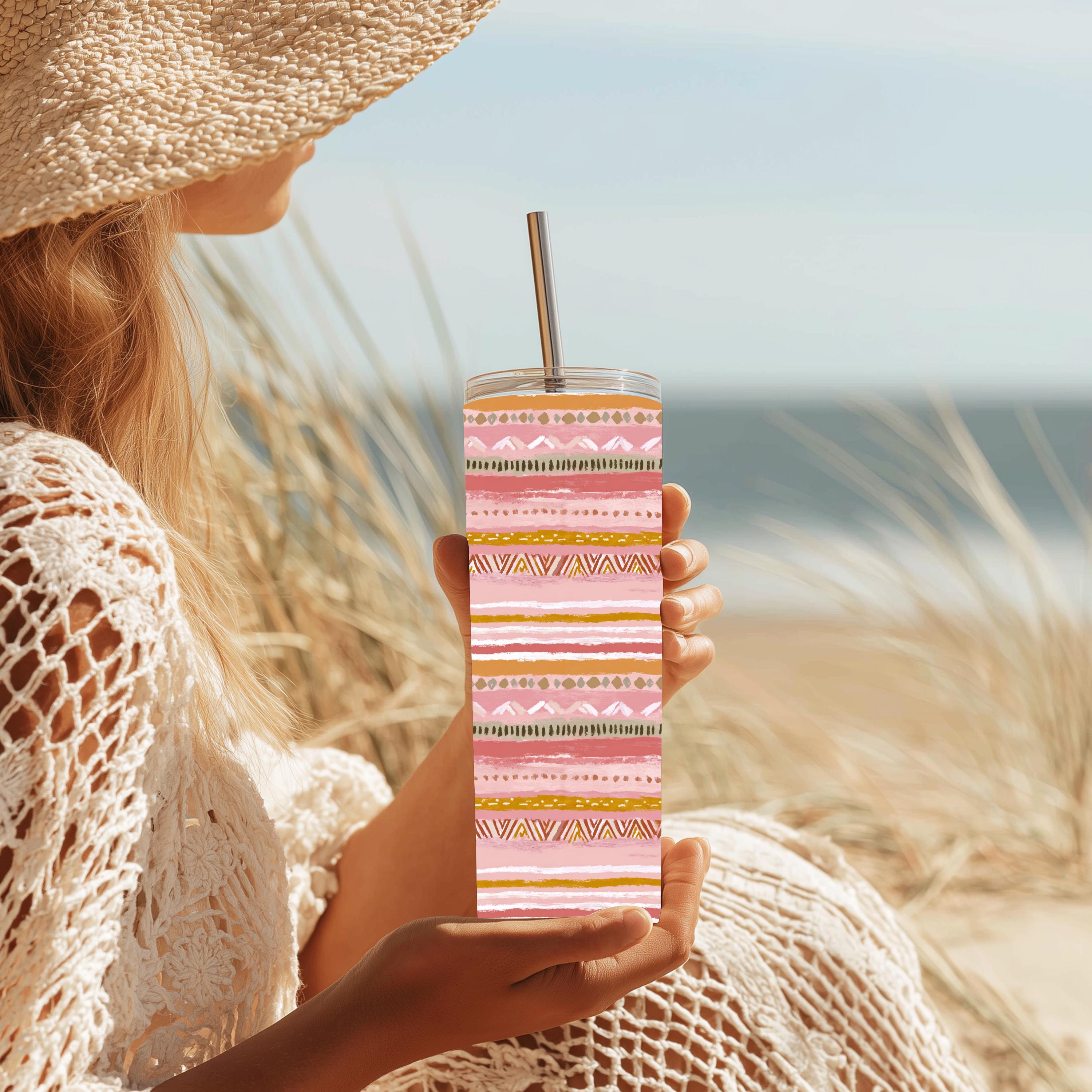 Pink Southwestern Stripe 20 oz Skinny Tumbler | Boho Western Tumbler | Aztec Stainless Steel Travel Cup | Cowgirl Gift