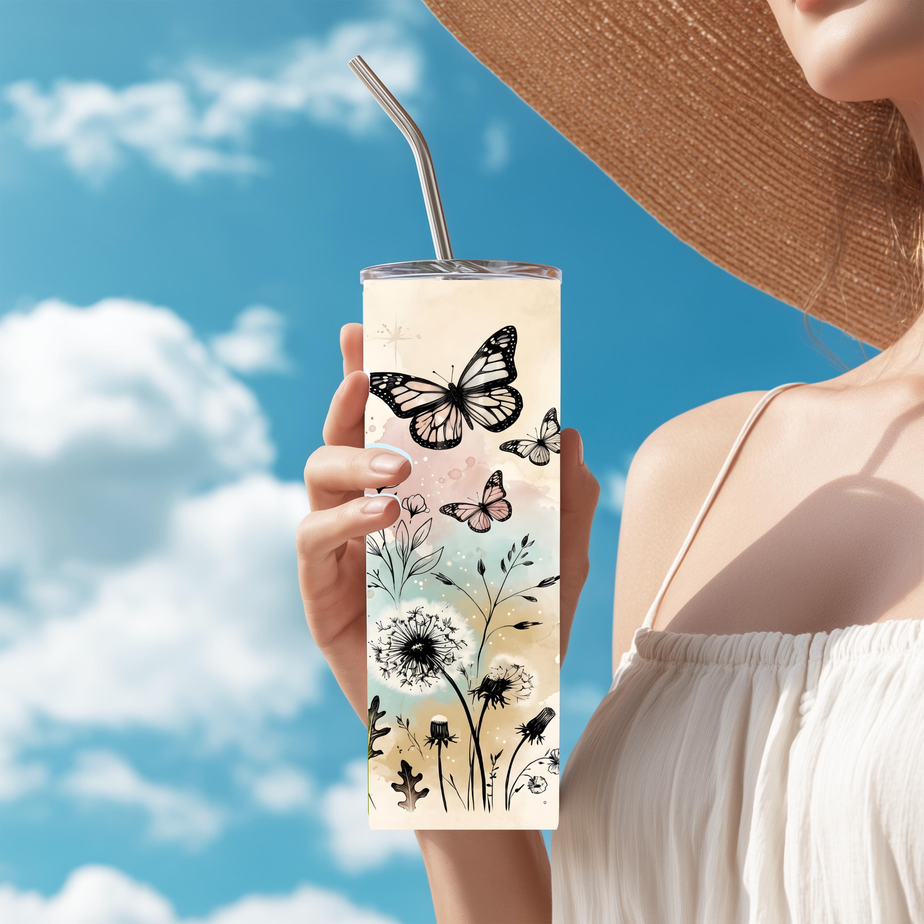 Celestial Moon Phase Tumbler | Boho Watercolor Floral Travel Mug