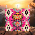 Pink, Teal, and Cream Aztec Glass Tumbler | 20 oz Clear Glass Can | Southwestern Iced Coffee Cup | Boho Bamboo Lid & Straw
