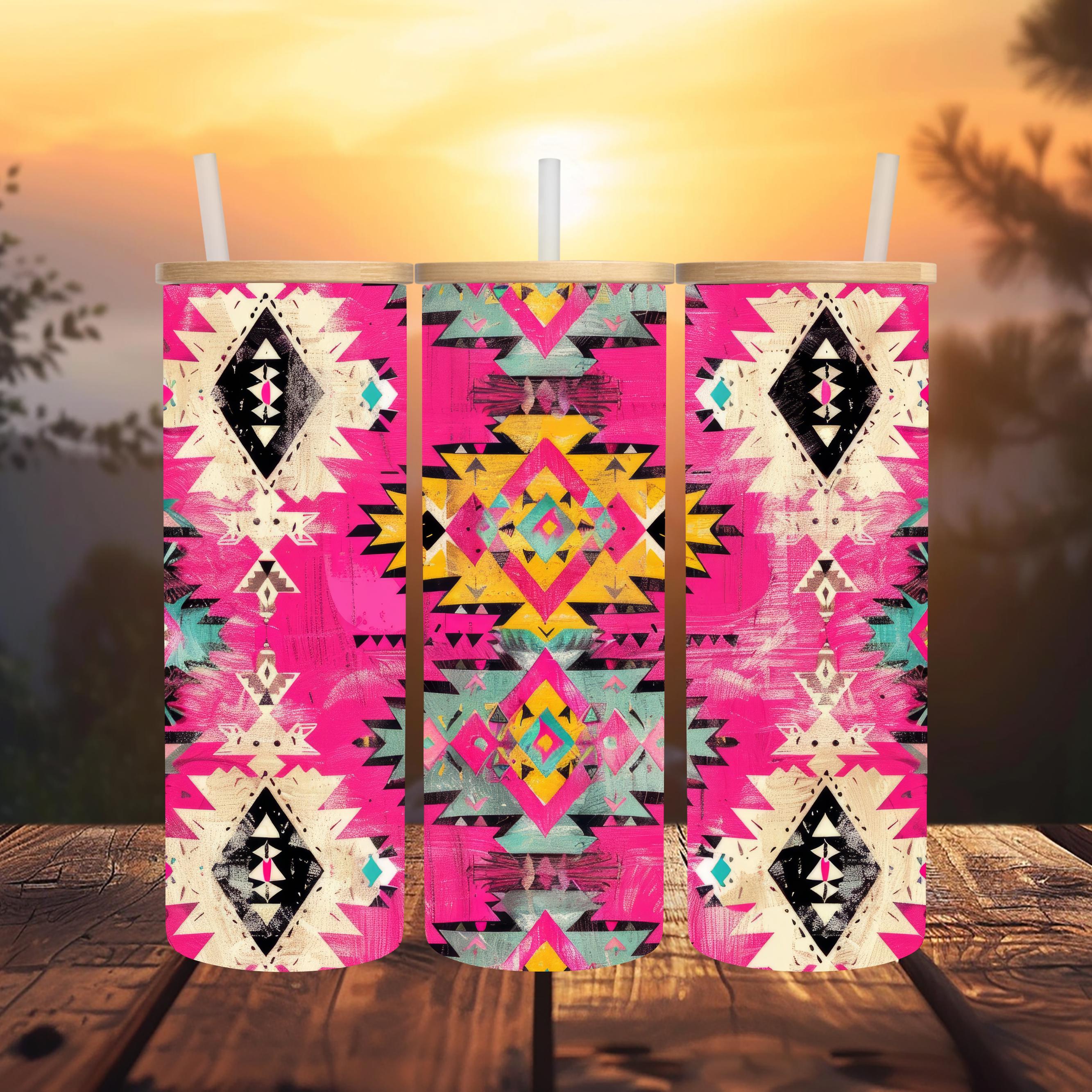 Pink, Teal, and Cream Aztec Glass Tumbler | 20 oz Clear Glass Can | Southwestern Iced Coffee Cup | Boho Bamboo Lid & Straw