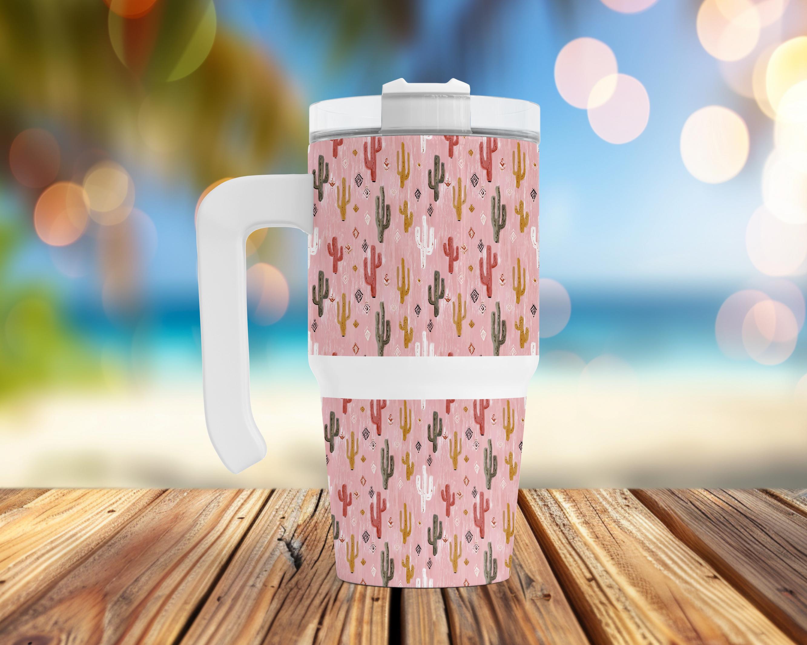 Pink Cactus 20 oz Grip Handle Tumbler | Western Travel Mug | Desert Coffee Cup | Insulated Handle Tumbler | Hot & Cold Drink Cup
