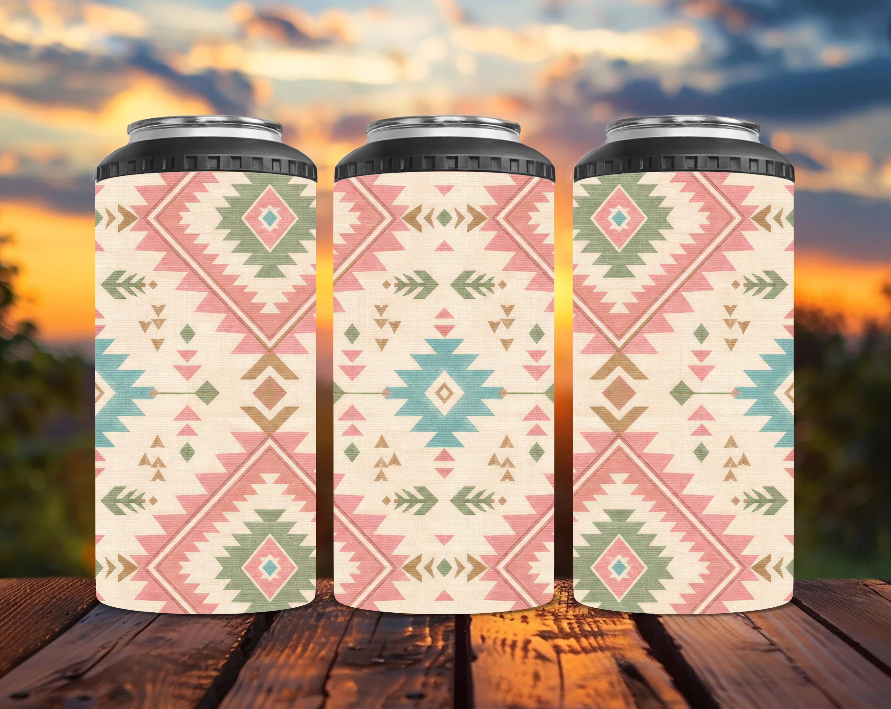 Pastel Aztec 4-in-1 Can Cooler | Southwestern Can Holder | Boho Western Drink Cooler | Pink & Sage Beer Sleeve | Cowgirl Gift