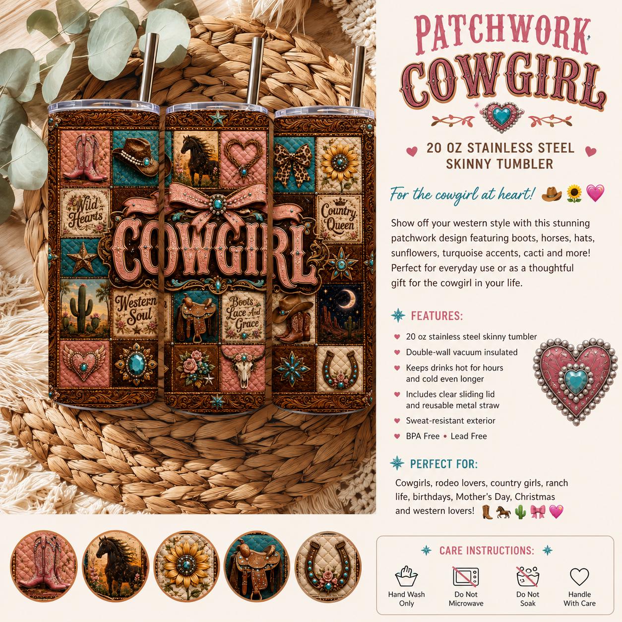 Patchwork Cowgirl- Stainless Steel 20 oz Tumbler