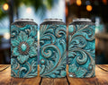 Turquoise Tooled Leather Can Cooler | 4-in-1 Skinny Can Cooler | Western Turquoise Drink Holder | Cowgirl Beverage Cooler | Gift for Her